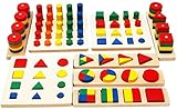 El último juguete educativo de clasificación y apilamiento de madera: este juguete educativo de clasificación de formas de geometría de madera viene con 8 juegos de los juguetes de aprendizaje temprano más populares que incluyen un conjunto de formas geométricas de clasificación y apilamiento, anillos de apilamiento y tablas de fracciones.
