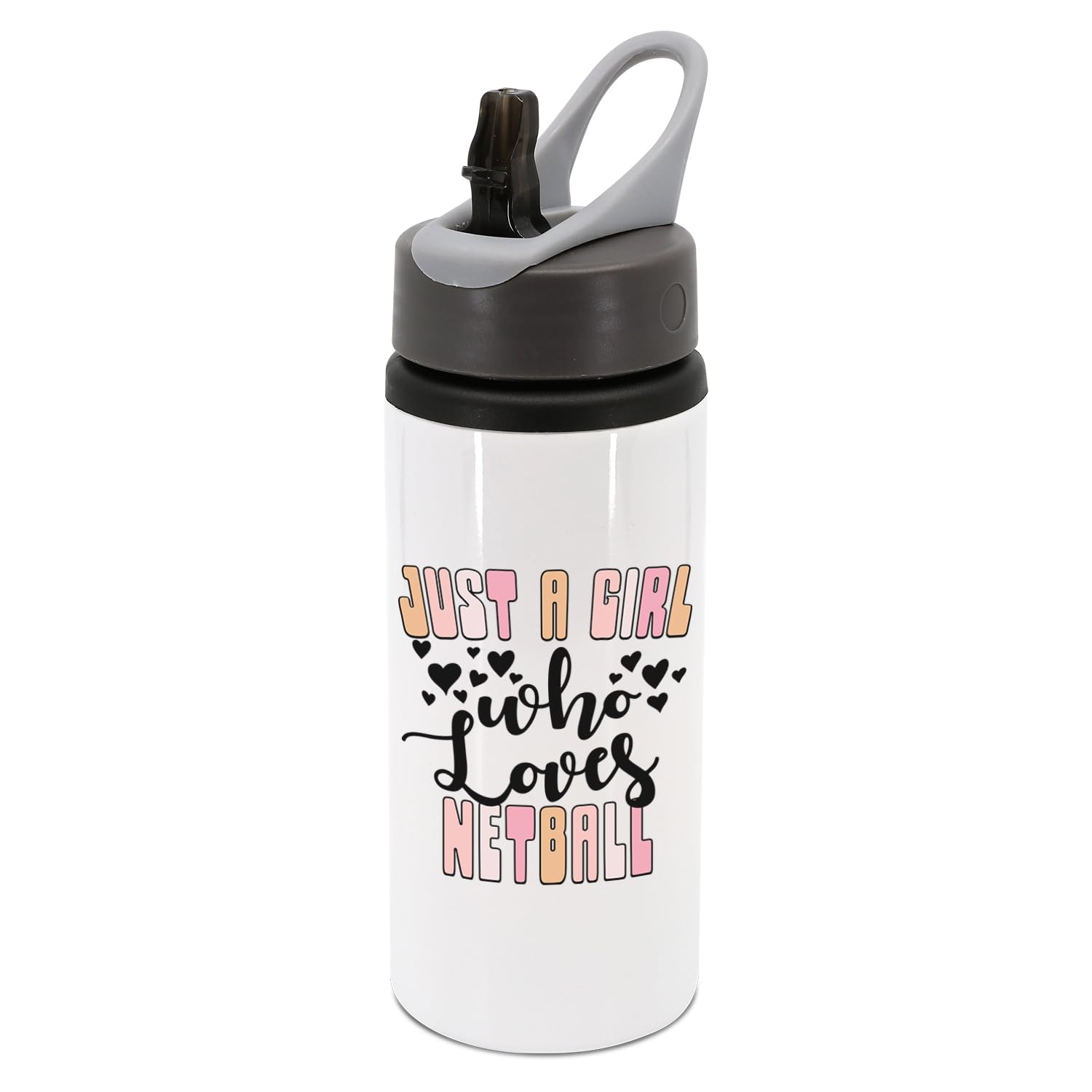 New Spirit Original Girls Orange/Black Pastel Pinks/ Text And Text With Hearts, Just A Who Loves Netball Water Bottle With Handle, Drinks Cup, Water Cup, Drinks Bottle, Hydrate, Water, Sports, Ball Sports