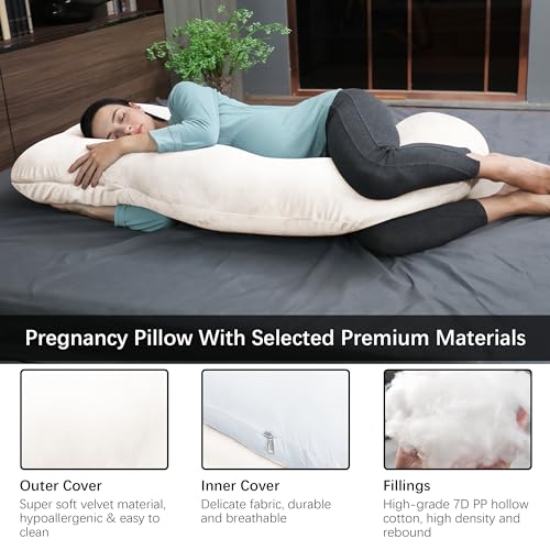 Image of MOON PARK Pregnancy Pillows for Sleeping - U Shaped Full Body Maternity Pillow with Removable Cover - Support for Back, Legs, Belly, Hips - 57 Inch Pregnancy Pillow for Women - Ivory