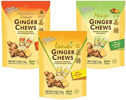 Ginger Chews 3 Variety Pack Candy Bundle, 4oz - Lemon, Mango, Mandarin Orange Flavors - 100% Natural, non-GMO, Vegan and Gluten-Free for Nausea & bellyache - Include free 20g instant Cappuccino or 17g instant latte