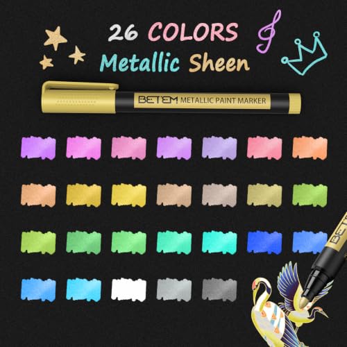 Image of Betem Metallic Paint Markers, 26 Colors Acrylic Metallic Markers for Black Paper, 2mm Medium Tip Glitter Pens Scrapbooking Supplies, Teacher Appreciation Gift, Rock, Photo Albums, Card Making Kit