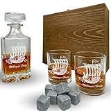 Juego de whisky con grabado vikingo, jarra personalizada de 700 ml y vasos, varios diseños de Walhalla Thor, caja de regalo (motivo 1: barco, caja con 1 jarra, 2 vasos y 8 piedras de whisky)