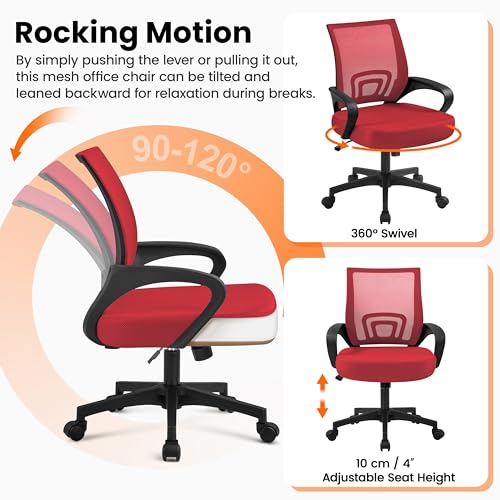 Image of Yaheetech Red Modern Ergonomic Office Chair, Mid Back Mesh Task Chair with Lumbar Support, Adjustable Height, Rolling Swivel, 300lb Capacity