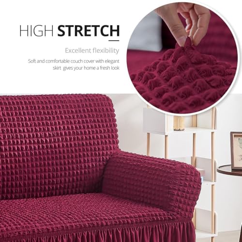 Image of Bails Sofa Cover 3 Seater and 2 Seater Fully Covered | Sofa Cover 3 Seater Fully Covered | Universal Elastic Bubble Fabric with Frill Sofa Protector Cover (Maroon, 3 Seater + 2 Seater)