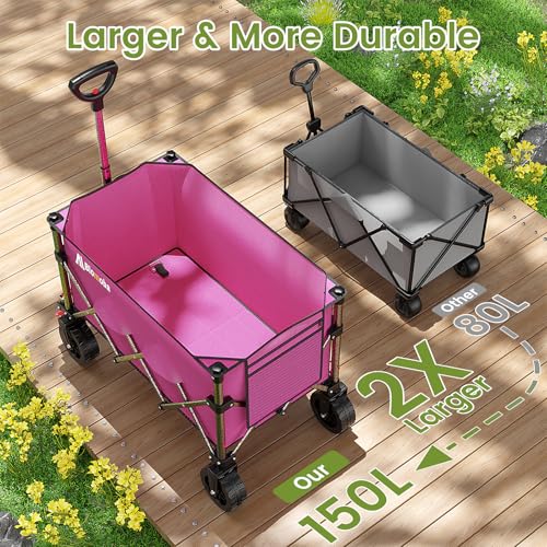 Collapsible Wagon Cart, 150L Heavy Duty Foldable Beach Wagon with Wider Wheels & Auto-Rebound Handle, Utility Grocery Shopping Cart for Garden, Shopping, Camping, Sports, Pink