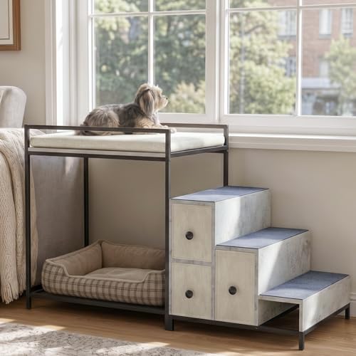 LEMBERI Pet Bunk Bed with Stairs and Storage Dogs/Cats Window Perch Bedside Lounge Elevated Dog Bed Multi-Level Platform with Foam Upholstery (Gray)
