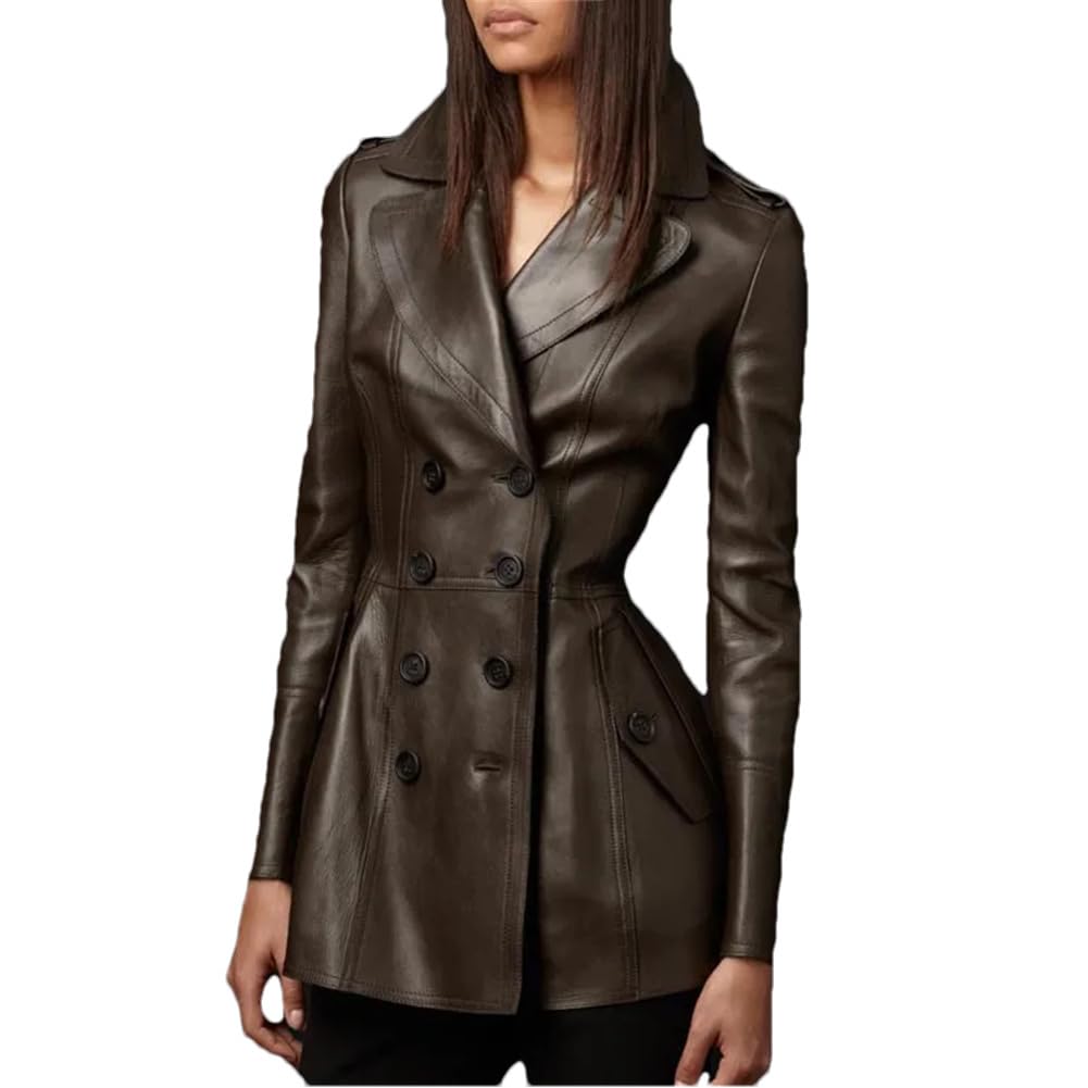 Chaqueta de piel sintética suave ajustada para mujer, chaqueta con falda de doble botonadura