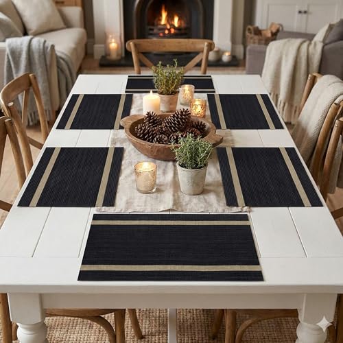 Image of YELONA Placemats Set of 6, Heat-Resistant Woven Vinyl Table Mats, Non-Slip & Washable Dining Tablemats for Kitchen & Dinner Decor, Black & Beige (45cm x 30cm)