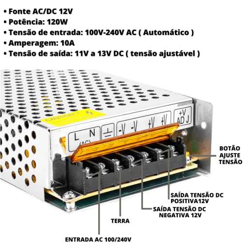 Fonte Chaveada Colméia 12v 10a 120w Bivolt Estabilizada Para Câmera DVR CFTV Fita Led Som Automotivo