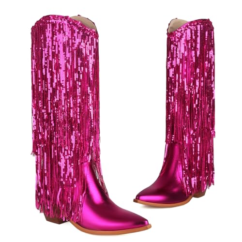 KiutSymo Womens Fringe Metallic Cowboy Boots Pointed Toe Block Chunky Heel Tassel Cowgirl Western Mid Calf Boots Dress Party Boots2