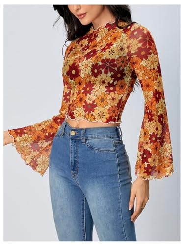 Verdusa Women's Bell Sleeve Lettuce Trim Mock Neck Floral Mesh Top Crop T Shirt4