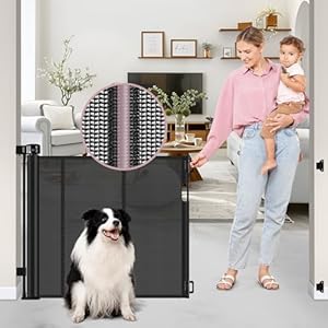 Reinforced 56″ Wide Retractable Baby Gates for Doorways with Support Rods – Prevent Crawling Under Retractable Gate, Mesh Pet Gate for Stairs Retractable Dog Gates for The House Indoor/Outdoor, Black