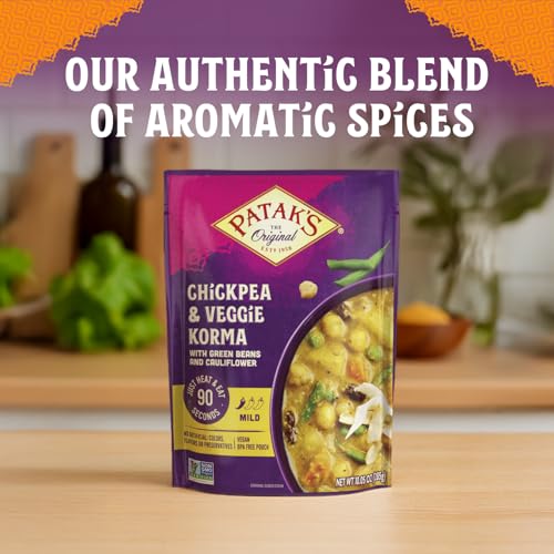 Image of Patak's Chickpea & Veggie Korma - Mild Creamy Coconut Based Indian Curry with Chickpeas, Green Beans & Veggies - Vegan Microwave Meal for Quick Dinners - Serve with Rice or Naan - 10.5oz (Pack of 6)