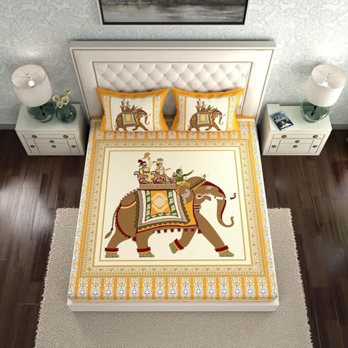 Image of La Verne 104 TC Cotton Double Bed Bedsheet Jaipuri Rajasthani Print Bedsheet with 2 Pillow Covers