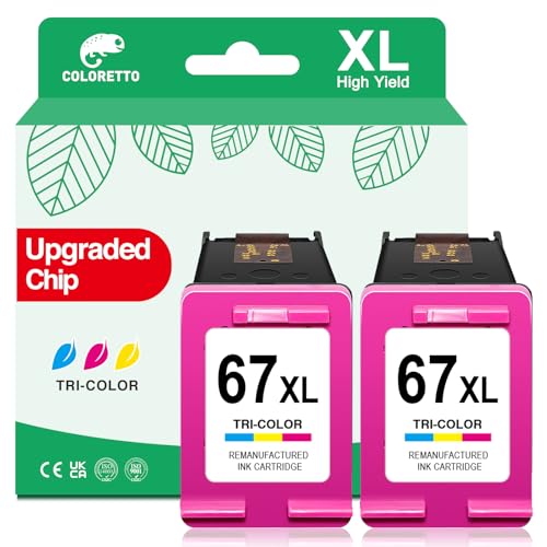 COLORETTO 67XL Color Ink Cartridges for HP 67 Color Ink Cartridge for Deskjet 2800e 2855e 2827e 2842e 2852e 2700 2755e 2742e 4255e 4227e Envy 6455e 6055e 6000 for HP67 Tricolor Replacement (2 Pack)