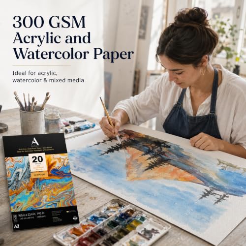 Image of ArtRight Artists' Acrylic Paper (A2 Pack of 20 Sheets, 300 GSM); 300 GSM Handmade Sheets for Gouache & Acrylic Media Papers