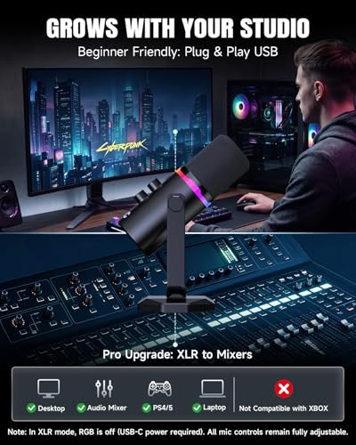 Image of AOC USB /XLR Dynamic Microphone for PC Gaming & Podcasting, Dual-Mode Studio Streaming Mic with RGB Light, Quick Mute, Volume /Gain Control Knob, Heavy-Duty Desk Stand, Type-C & XLR Cables Included