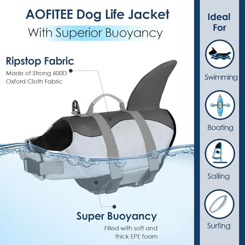 AOFITEE Schwimmweste Hund Große, Hundeschwimmweste Hai für Schwimmen, Hohe Flotation Rettungsweste mit Rettungsgriff und Reflektorstreifen für Kleine, Mittlere, Große Hunde, Grau XL