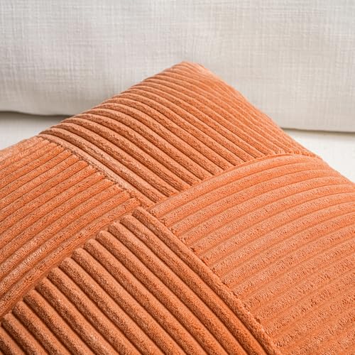 Image of Fancy Homi 2 Packs Burnt Orange Samll Fall Decorative Throw Pillow Covers 12x12 Inch with for Couch Bed Sofa, Farmhouse Boho Home Decor, Soft Corss Patchwork Corduroy Square Cushion Case 30x30 cm