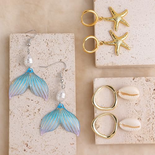 Image of Gold Starfish Mermaid Tail Dangle Drop Earrings for Women, Trendy Cute Pearl Fish Tail Shell Textured Hoop Dangling Earing Summer sea Beach Jewelry Gift.