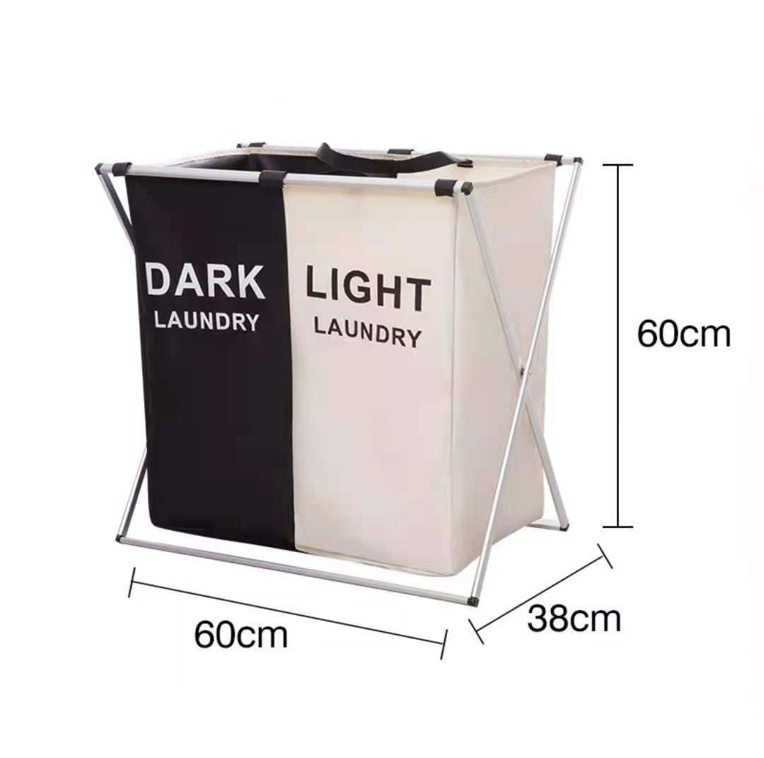 FENGLE 125L Laundry Cloth Hamper Sorter Basket Bin Foldable 2 Sections with Aluminum Frame (24x 15x 23 hes) Washing Dirty Cloth Bag for Bathroom Bedroom Garage (black White 2 Sections)