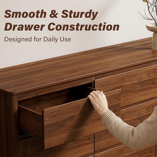Image of Furniway 63 inch Mid-Century Modern Dresser for Bedroom, 9 Drawer Wide Chest of Drawers with Wood Legs, Large Storage Bedroom Dresser, Walnut