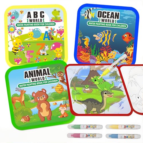 Water Painting Books for Toddlers 4 Pack Reusable Magic Water Coloring Book with Water Pen Fairy Tale for Ages 3+ Water Doodle Book Travel Toys for Kids(Mix-4color)