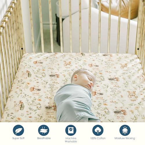 Image of GRSSDER 100% Cotton Muslin Crib Sheet 2 Pack - Breathable & Ultra-Soft Fitted Crib Sheets for Standard Baby & Toddler Mattresses, 52 inchx28 inch with 9 inch Deep Pocket, Snug Fit All-Around Elastic