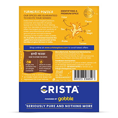 Image of CRISTA 100 gms Turmeric Powder | Pure Turmeric | Ground in-house | Zero added Colours, Fillers, Additives & Preservatives | Natural