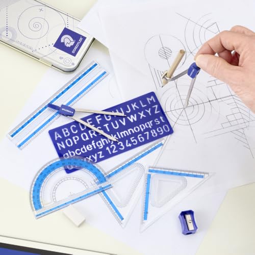 staedtler 10-piece math set with metal compass 634 ruler amp triangle squares 45 amp 3060 set squares alphabet stencil - measuring tools