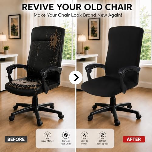 Image of Water Resistant Office Chair Cover with Durable Zipper - Stretchable Universal Computer Chair Covering - Smooth Soft Polyester Slipcovers for Rotating Boss Chair, Desk Chair, High Back Chair (Black)