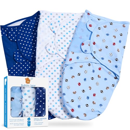 Image of Bubble bear 3 Pack Baby Swaddle 0-3 Months - Infant Adjustable Newborn Swaddles Blanket Baby Girl Boy, Swaddling Wrap Blanket Sleep Sack for Newborn-Blue