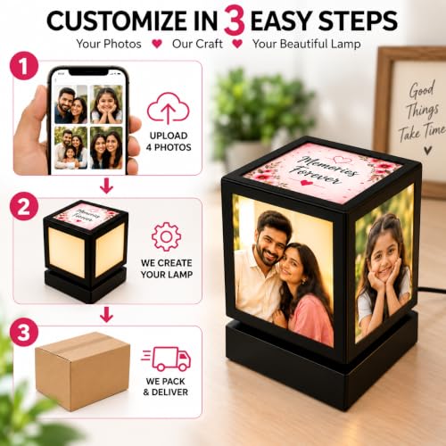 Image of Personalized Rotating Photo Lamp with 4 Photos | Customised 360 Degree LED Memory Lamp | Birthday, Anniversary, Wedding Gift for Couple, Kids, Parents & Family