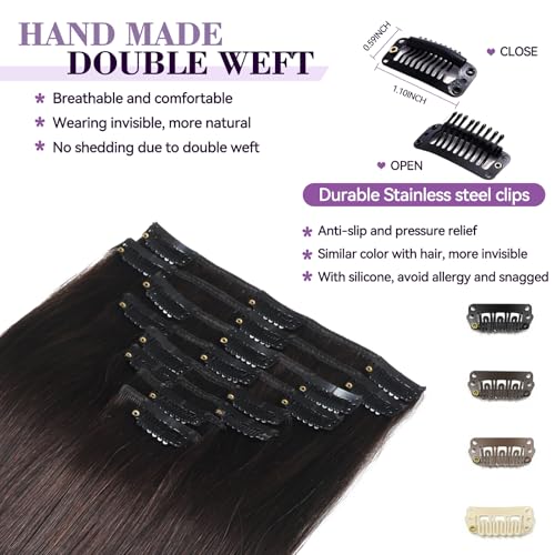 Image of Clip in Hair Extensions Real Human Hair 24 inch 120g /4.2oz Straight Seamless Invisible Human hair Extensions Clip ins for Women Double Weft 8pcs #2-Dark Brown