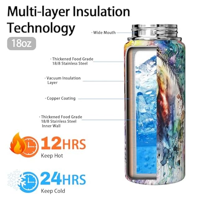 Horse Water Bottle 18oz Insulated Sports Water Bottle Horse Gifts Stuff for Girls Boys Kids Stainless Steel Tumbler Cup with Handle