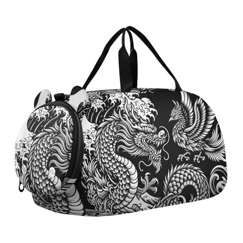 Japanese Dragon Phoenix Duffle Bag for Girl, Sports Duffle Gym Bags with Shoe Compartment, Personalized Overnight Bag Travel Weekender for Kids