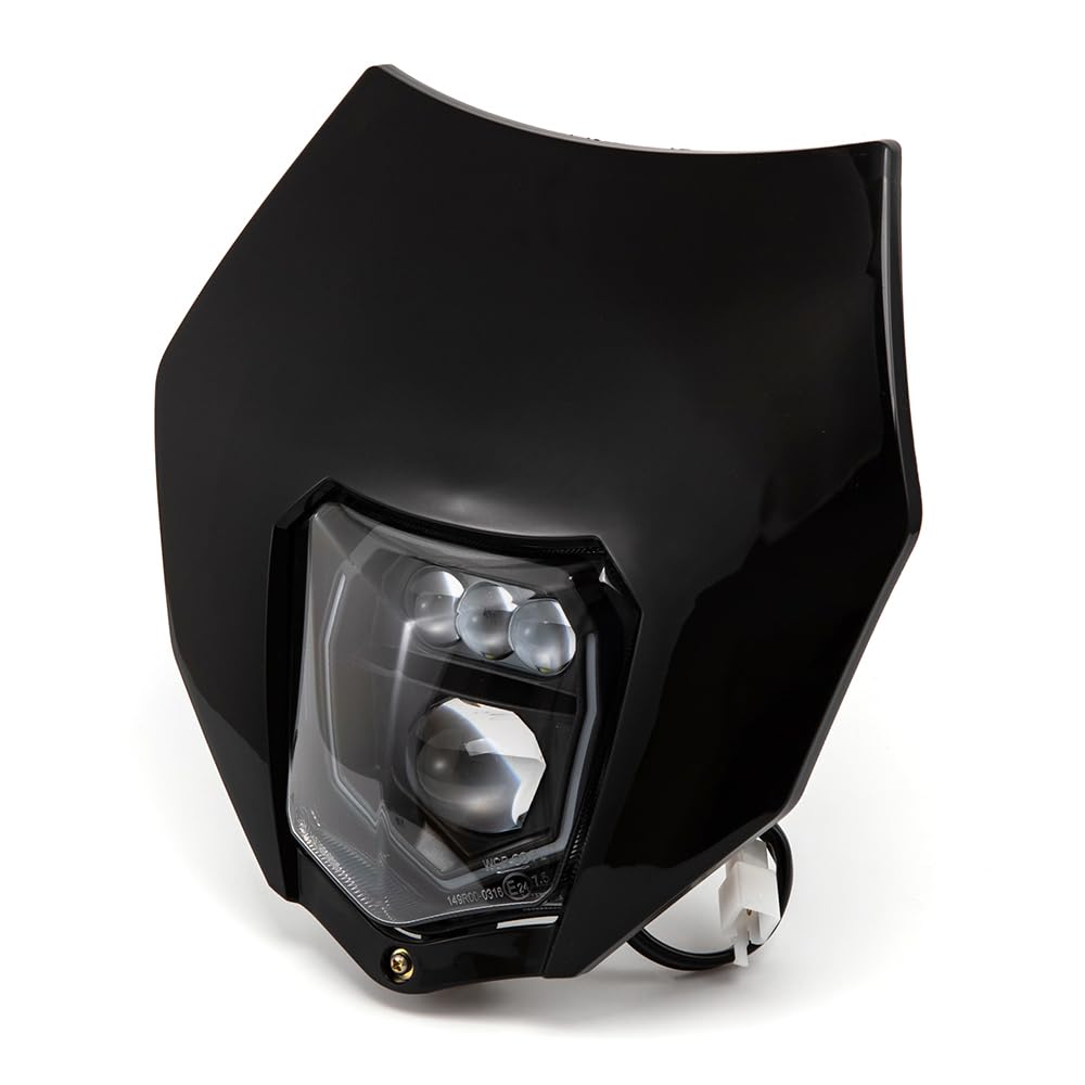 Universal LED Motorrad Scheinwerfer mit Verkleidung Maske E24 Geprüft Für EXC250 SX250 SXF250 EXC450 SX350 SXF450 EXC525 640LC4 Dirt Bike ATV Scooter (Schwarz)