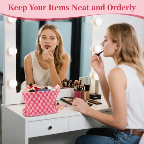 Checkered Makeup Bag - Large Cosmetic Bag for Women, Cute Cosmetic Pouch Travel Pouches for Toiletries, Makeup Brush, Purse, Large Capacity Storage Bag, Rose Red4