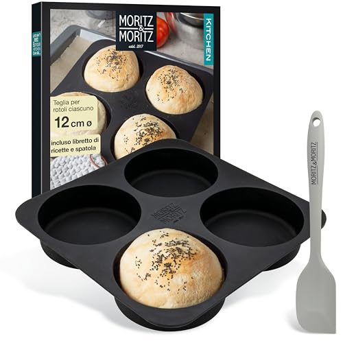 Moritz & Moritz Stampo per Burger Buns in silicone rotondo 12 cm Ø - Per pane, panini per hamburger e muffin XXL - spatola e ricettario inclusi