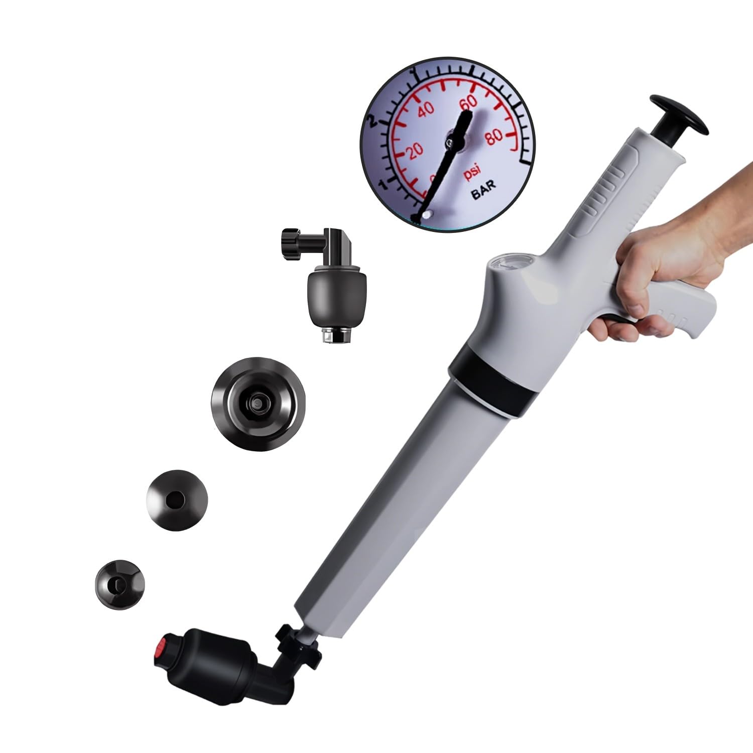 Pompa Stura Scarichi a Pressione con 4 Teste Sostituibili, Stura WC con Barometro, Sturalavandino ad Aria Compressa, Sturalavandini a Pressione, per Disintasare WC Lavello Doccia