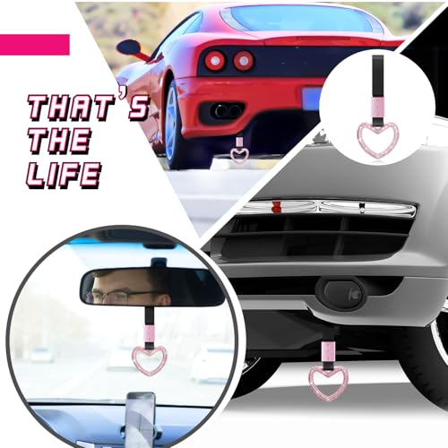 Image of Fabbay Bling Car Accessories Bling Heart Handle Ring Car Accessory for Women Hand Strap Drift Charm Rear Bumper Warning Ring Decor for auto Bus Interior Exterior Decoration (Pink, Heart Style)
