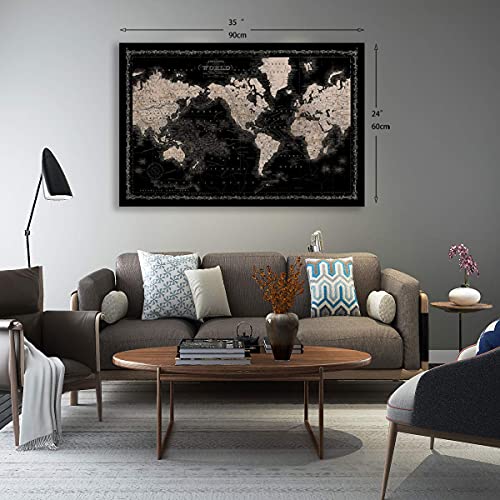 Kaupuar Vintage World Map Canvas Wall Art Retro Map Of The World Canvas Prints Framed And Stretched For Living Room Ready To Hang 35''X24'' thumb #5