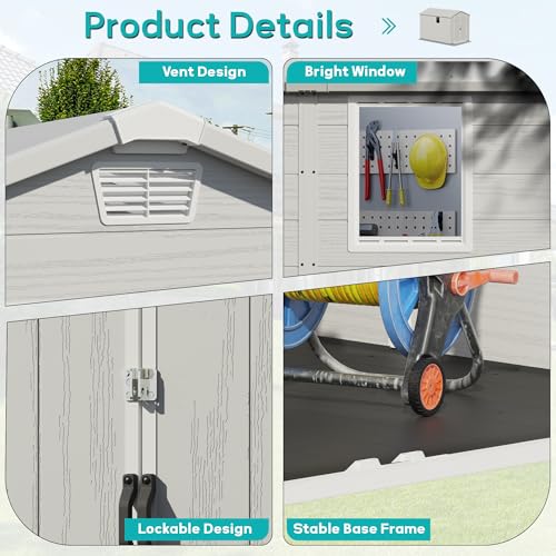 Image of Greesum 6x10FT Plastic Outdoor Storage Shed with Floor, Resin Storaged Sheds with Lockable Double Door, Windows & Vents, All-Weather Tool Sheds for Garden, Patio, Backyard, Light Gray