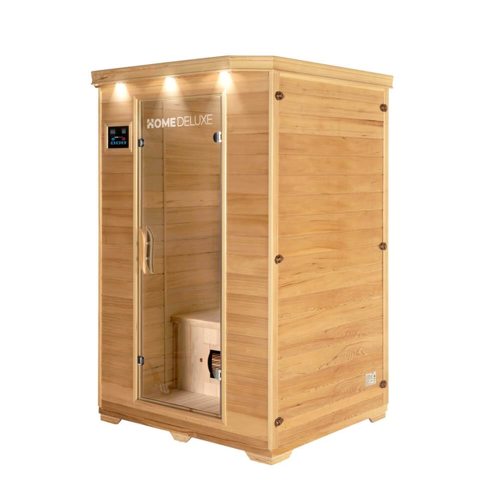 Home Deluxe – Infrarotkabine REDSUN M – 120 x 105 x 190 cm - für 2 Personen, 5 Keramikstrahler – Holz: Hemlocktanne I Infrarotsauna, Sauna, Wärmekabine, Infrarot