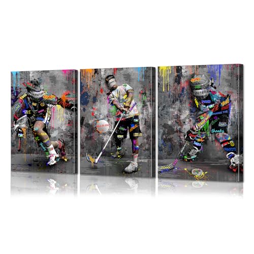 Mistyefly 3 Pieces Graffiti Sports Canvas Wall Art with Inner Wooden Frame - Hockey Golf Lacrosse Sports Wall Decor - Lightweight & Easy to Hang - Graffiti Decor for Gym & Boys Room, 24x36x3 Inches