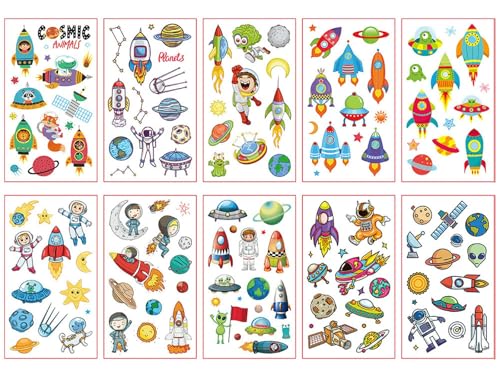 10 Hojas De Tatuajes Temporales Con Temática Espacial Para Niños Con Cohetes, Planetas, Astronautas Y Ovnis