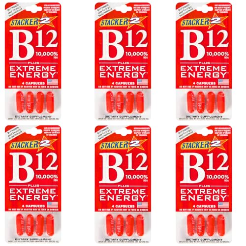 Stacker B12 Extreme Energy Capsule 10 000 RDA Vitamin B Complex B12 B6 B3 B7- Vegansafe & Vegan Cyanocobalamin B6 Pyridoxine - B7 Biotin B3 Niacinamide (Niacin)