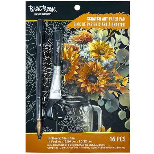 Brea Reese: Scratch Art Paper Pad - Fall Florals - 14 Sheets 7 Guided Art Designs Metallic Accents Stylus & Brush 6x8 Pages DIY Adult Craft Kit