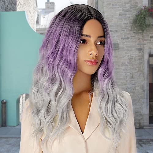 Nnzes Ombre Purple Wig for Women Synthetic Shoulder Length Wigs Cosplay for Girls Middle Part Purple to Gray Hair Replacement Wig (Ombre Purple)