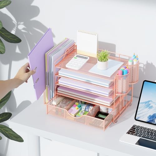 Image of gianotter 5-Tier Desk Organizer with Drawers and File Holders | Letter Trays and Pen Holders - Workspace Accessories for Office Supplies (Rose Gold)